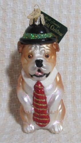 Vieux Monde Verre Soufflé de Noël Mr. Business Bulldog avec chapeau et cravate ornement - Photo 1/1