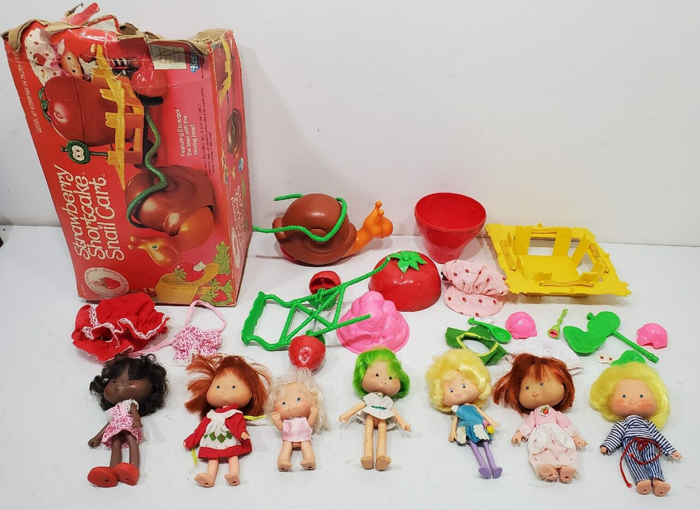 1980s Strawberry Shortcake Toy Collection Snail Cart Dolls Clothes Accessory LOT