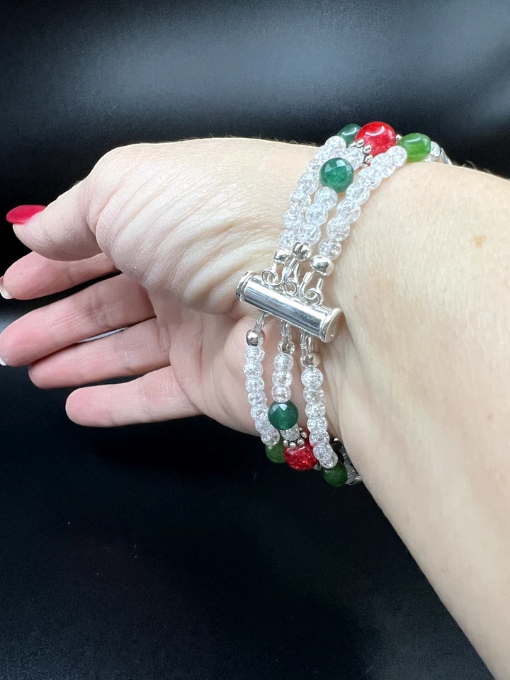 Pulsera/cierre deslizante hecha a mano de 3 hebras de cristal rojo, cuarzo verde y transparente Foto 3 de 4