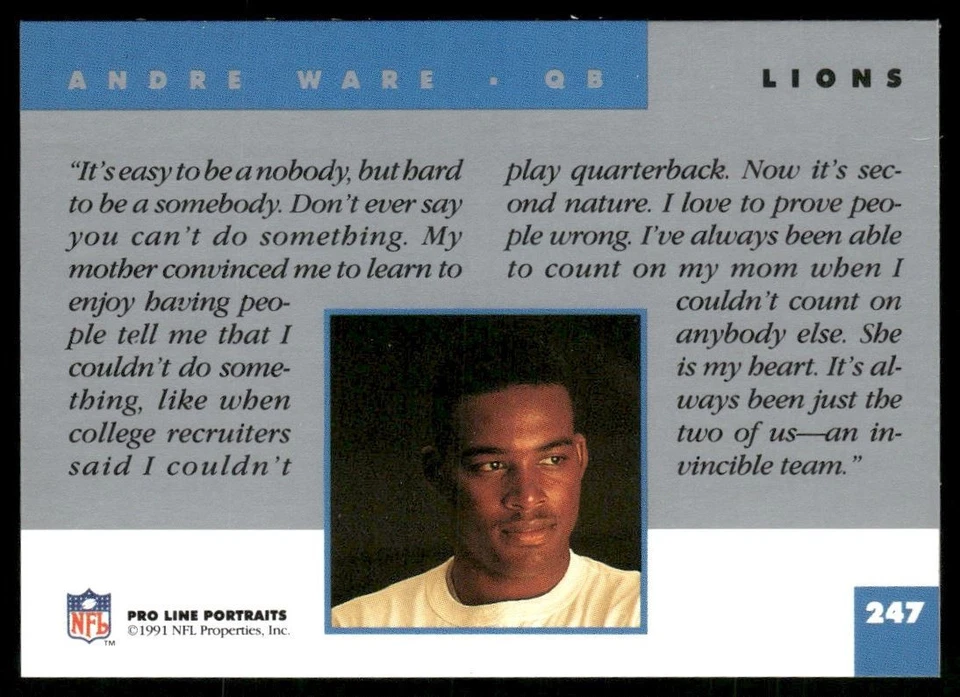1991 PRO LINE PORTRAITS ANDRE WARE DETROIT LIONS #247 - Image 2 of 2
