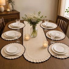 Beige Linen Table Runner and 6 Placemats Set Ruffle Edge Dining Table Decor