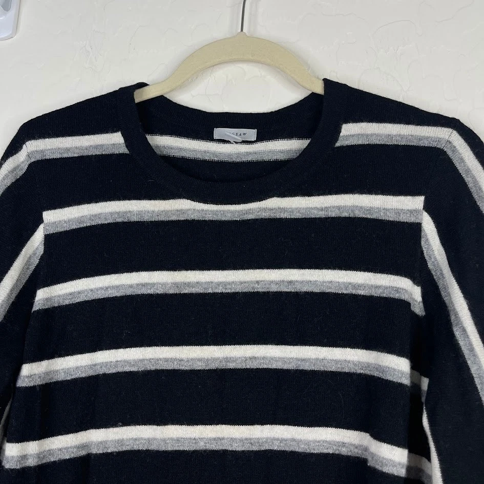 Jigsaw Womens Striped Lambswool Cashmere Sweater Lightweight Black Knit Size L - Image 2 of 4
