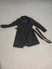 New Look Women's Black Belted Wrap Coat Tie Waist Size 6 EUR 34