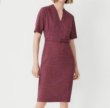 Ann Taylor Midi Tweed Dress Belted Short Sleeve Burgundy polished career Size 0