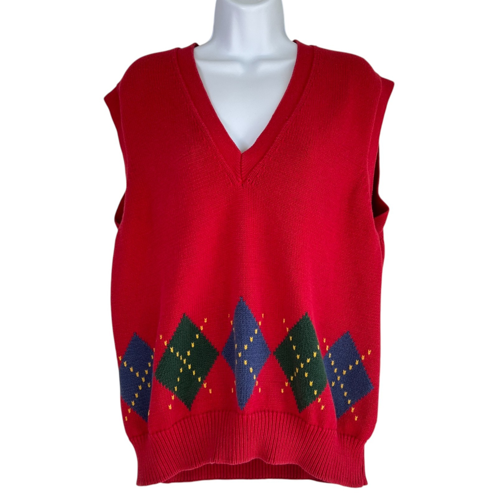 Vintage Lizsport Preppy Argyle Sweater Vest Red Size Large Academia Country Club