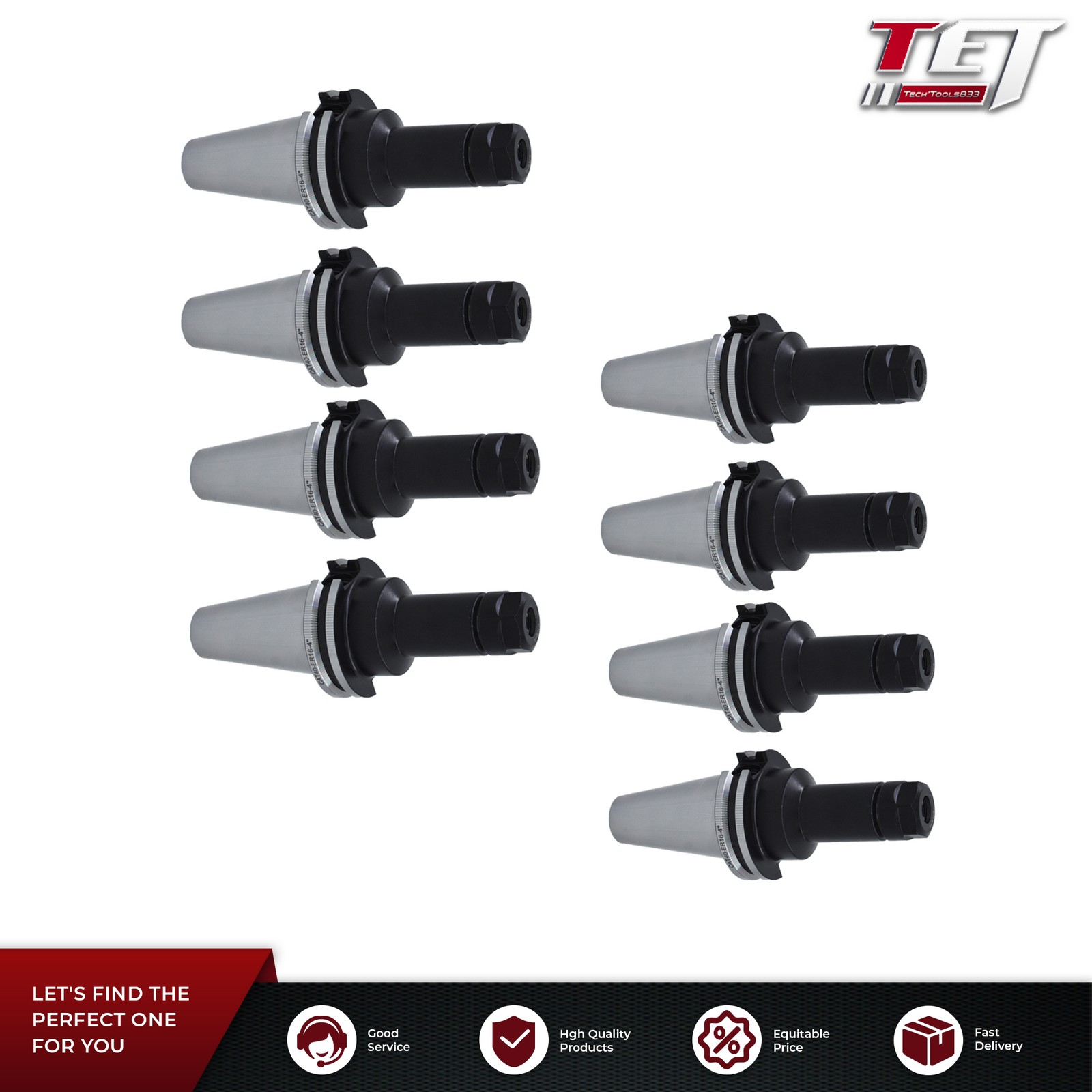 Tool Holder Set 8 Chucks CAT40 ER16 Collet Chucks W. 4" Long Gage Length