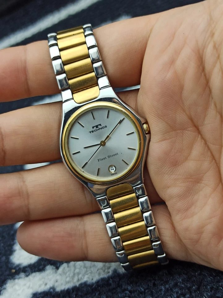 РОСКОШНЫЕ МУЖСКИЕ TECHNOS GENEVE 1980-х два тона флот уличные часы швейцарский кварц - Изображение 2 из 4