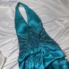 Vintage Turquoise Mermaid Gown: Beaded Halter Prom Dress, Y2K Glam Eveningwear