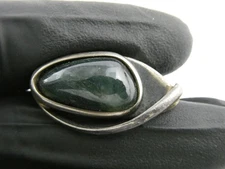 Vintage Unmarked Sterling Silver and Brass Moss Agate Alligator Clip Pin 1 Inch