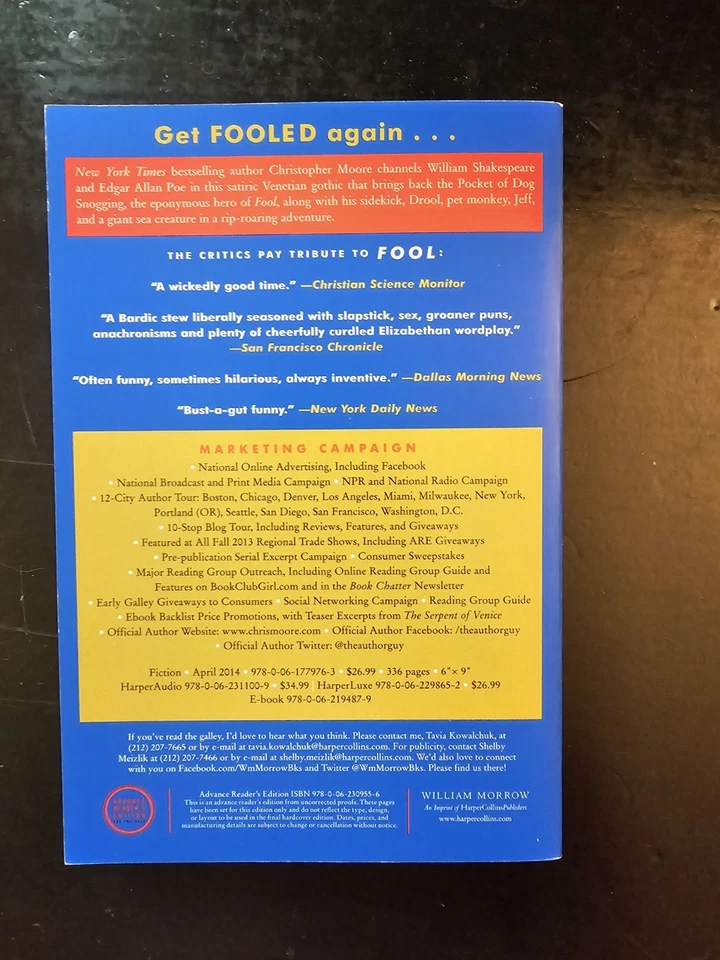 The Serpent of Venice by Christopher Moore, Advanced Reader's Edition, ARC, Rare - Image 2 of 3