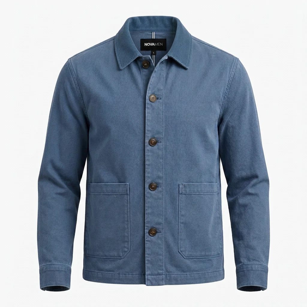 Men's-Jacket-NovaMEN-Chore-100% Cotton-Twill-Cord Collar-Button Front-Sz Large image 1