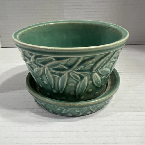 3” Tall Vtg McCoy Pottery Aqua Hobnail with Leaves Dots Planter w/ Saucer 3”x5”