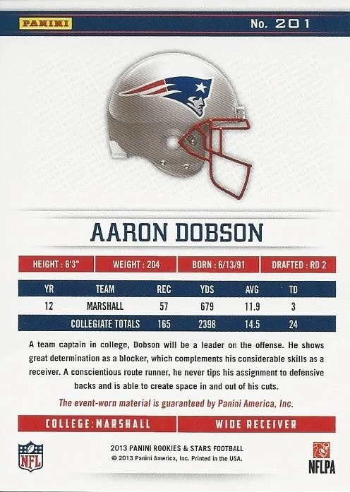 2013 Panini Aaron Dobson RC Jersey #/299 New England Patriots Marshall - Image 2 of 2