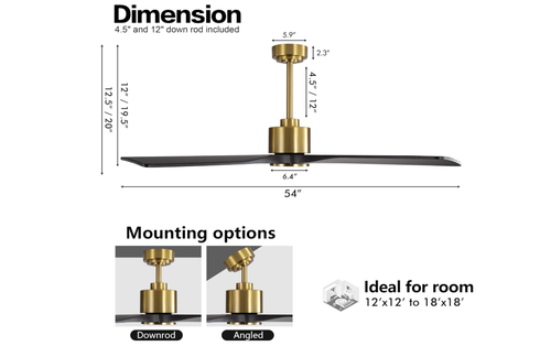 WINGBO 54 Inch DC Ceiling Fan without Lights, 4 Carved Solid Wood Blades, 6-Spee - Picture 2 of 7