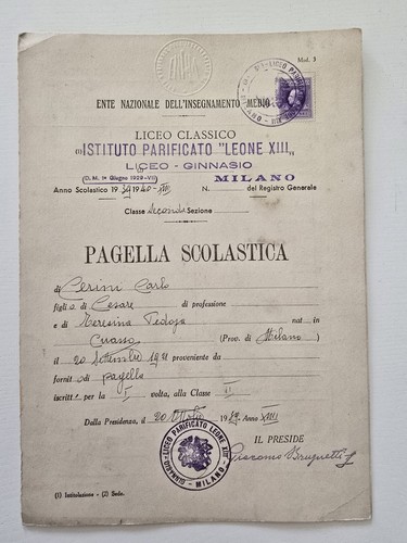 Pagella Scolastica 1940 Carlo Cerini (Medaglia d'Oro al Valor Militare)