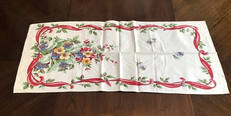 VINTAGE Cottage Farmhouse Print table Runner RED White Floral Dresser Scarf