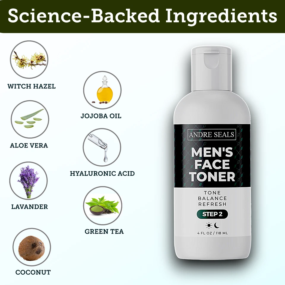 Tónico facial para hombres ANDRE SEALS infundido con hamamelis orgánico y té verde Foto 4 de 4