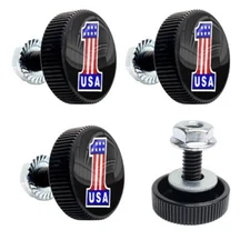4 Black "USA NO #1 B" License Plate Frame Bolts - Motorcycle Custom Tag Fastener