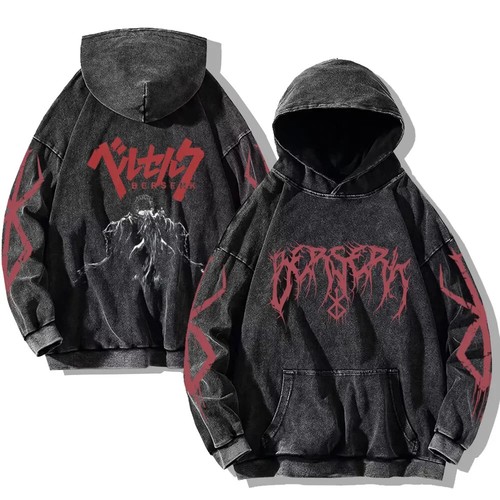 Anime Washed Hoodies Vintage Baumwolle Hip Hop Streetwear Herren Retro Lon - Bild 10 von 22