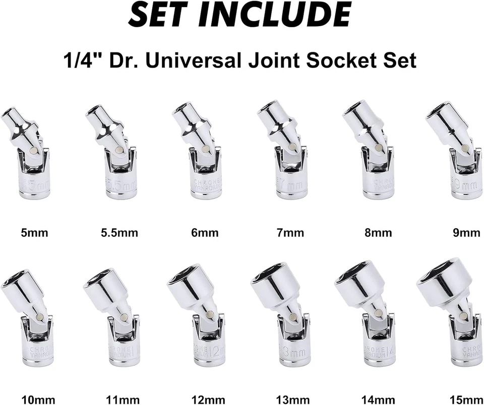 CASOMAN 12PCS 1/4" Drive Universal Flex Socket Set, Metric, 5Mm to 15Mm, 6-Point - Image 2 of 4