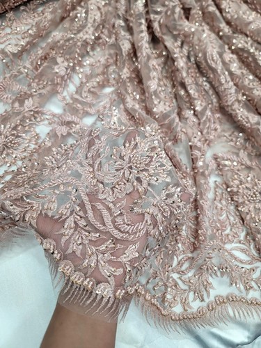BLUSH Pink Beaded Lace Fabric By The Yard Fashion Embroidery Floral Flowers - Picture 5 of 7