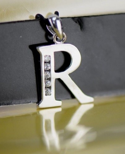 14k Solid White Gold Initial Letter CZ Pendant - Picture 28 of 36