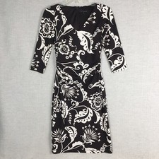 DAVID MEISTER Brown Floral Dress Women's Size 2 3/4 Sleeve Lined Stretch V-Neck