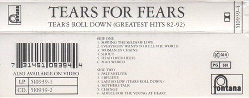 Tears For Fears - Tears Roll Down Greatest Hits 82-92 - Used Casset - J5783z - Picture 2 of 5