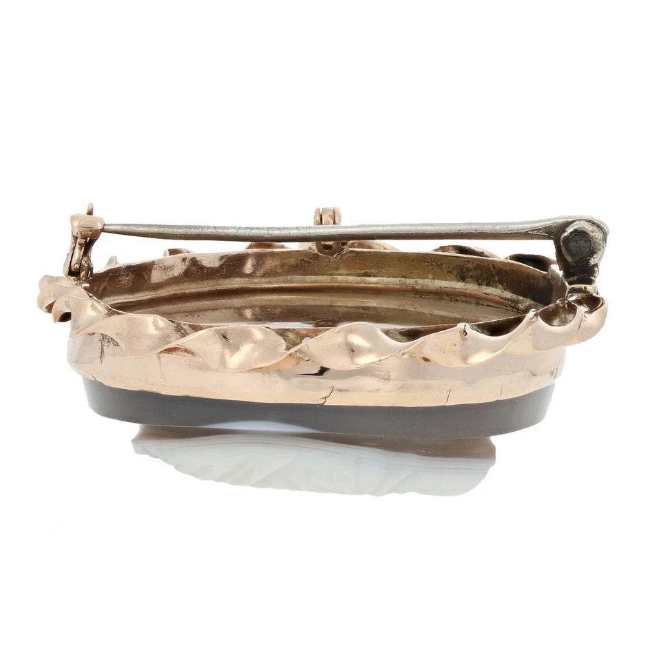 Or Jaune Sculpté Pierre Dure Agate Art Déco Broche/Pendentif - 10k Vintage Cameo - Photo 3/4