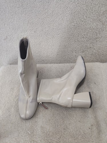 Zara Women Boots 7.5 Off White Patent Leather Pull On Zipped Block Heel Shoes - Picture 8 of 22
