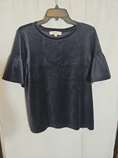 Ann Taylor Loft Top Womens Medium Blue Velvet Velour Casual Career Popover Shirt