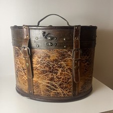 Vintage Hand Made Wood And Leather Hat Box Carry Travel Case Purse Tote