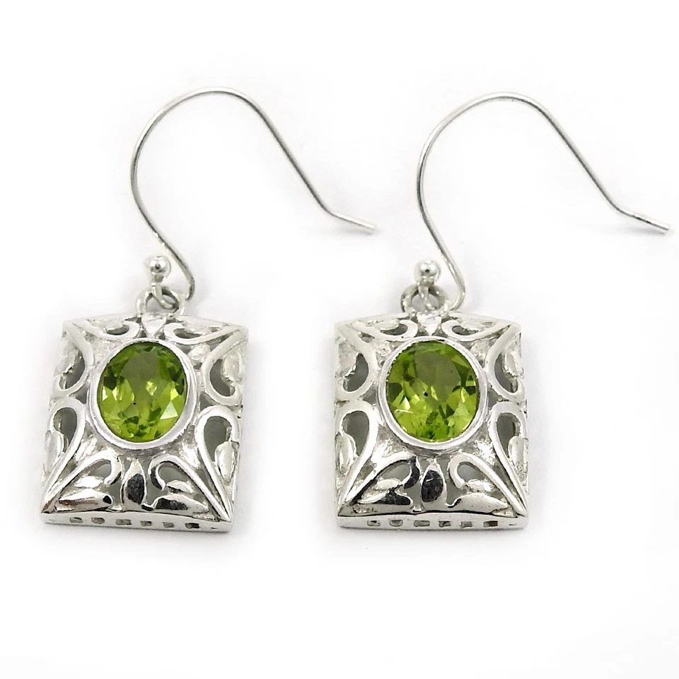 925�Sterling Silver Peridot Gemstone Dangling Hook Christmas Gift Earrings - Image 4 of 4
