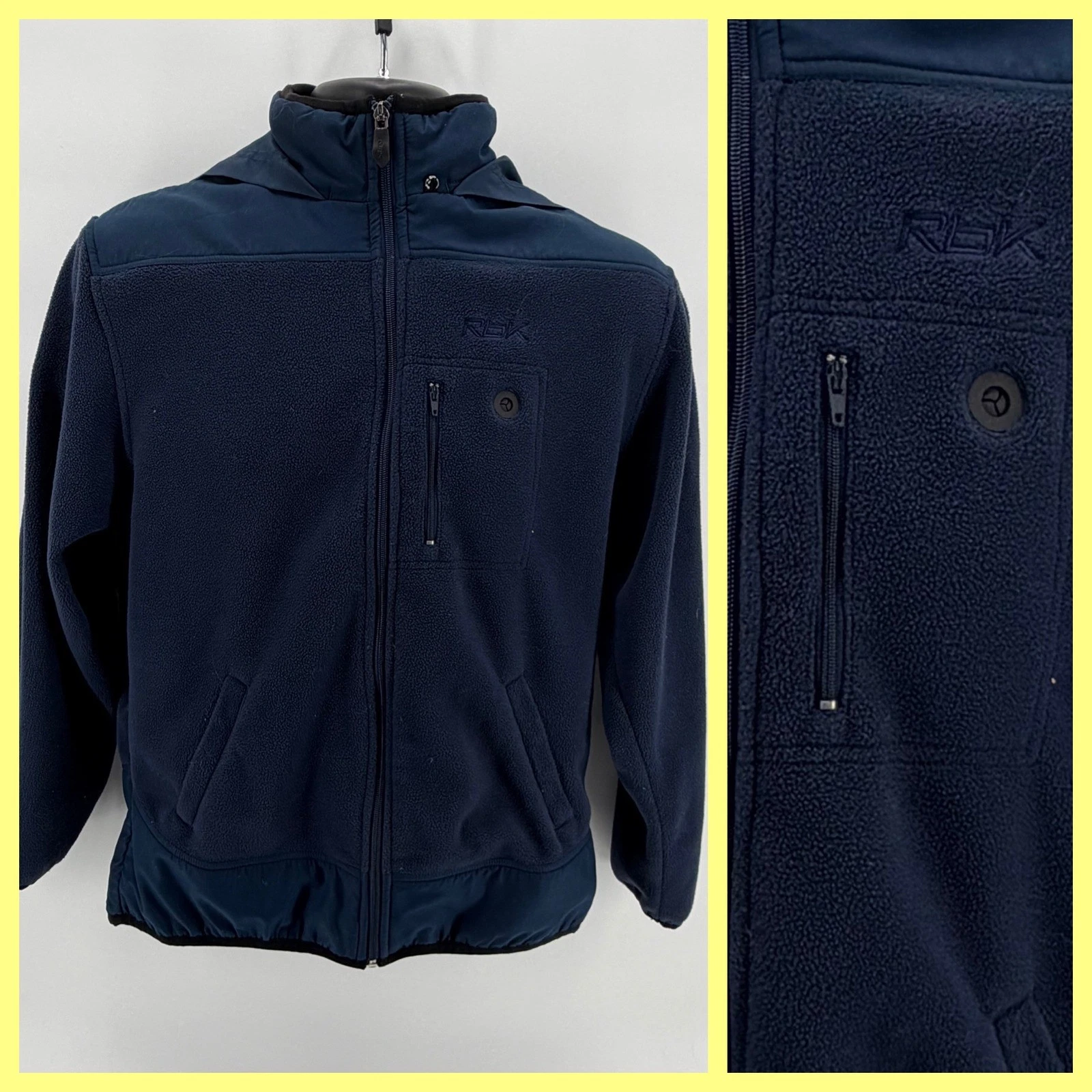 Reebok RBK Fleece Jacket Mens Large Blue Y2K Full Zip Media Pocket Tech Hoodie