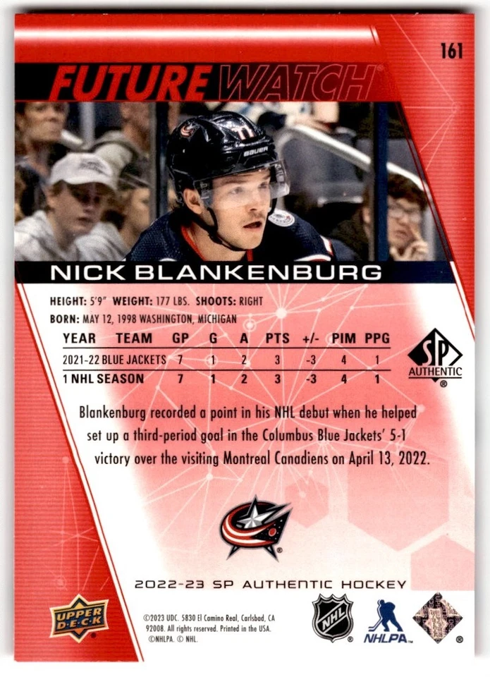 Nick Blankenburg 2022-23 SP Authentic Limited Red Future Watch Rookie #161 - Image 2 of 2
