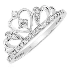 0.15CTW Natural Diamond Silver Round Crown Tiara Heart Cocktail Ring Size 7
