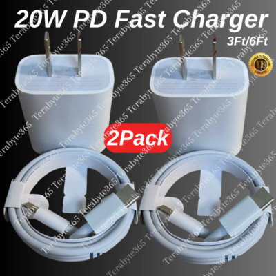 2Pack For iPhone 14/13/12/Pro 20W USB Type C Fast Charger PD Power Adapter Cable
