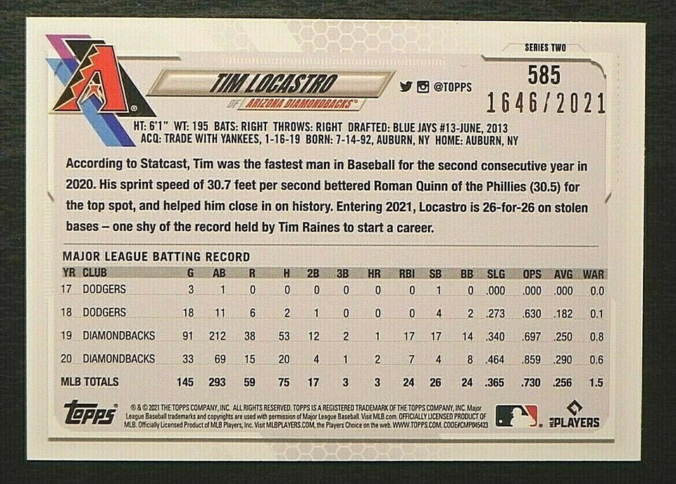 2021 Topps Series 2 Baseball GOLD #585 Tim Locastro Arizona Diamondbacks / 2021 - Image 2 of 2