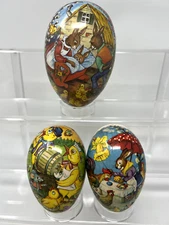 Vintage German Paper Mache Easter Egg Candy Container Bunny Rabbits Chickens