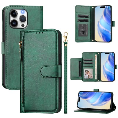 For iPhone 16 15  14 13  12 11 Pro Max XS Zipper Wallet Cover Leather Phone Case