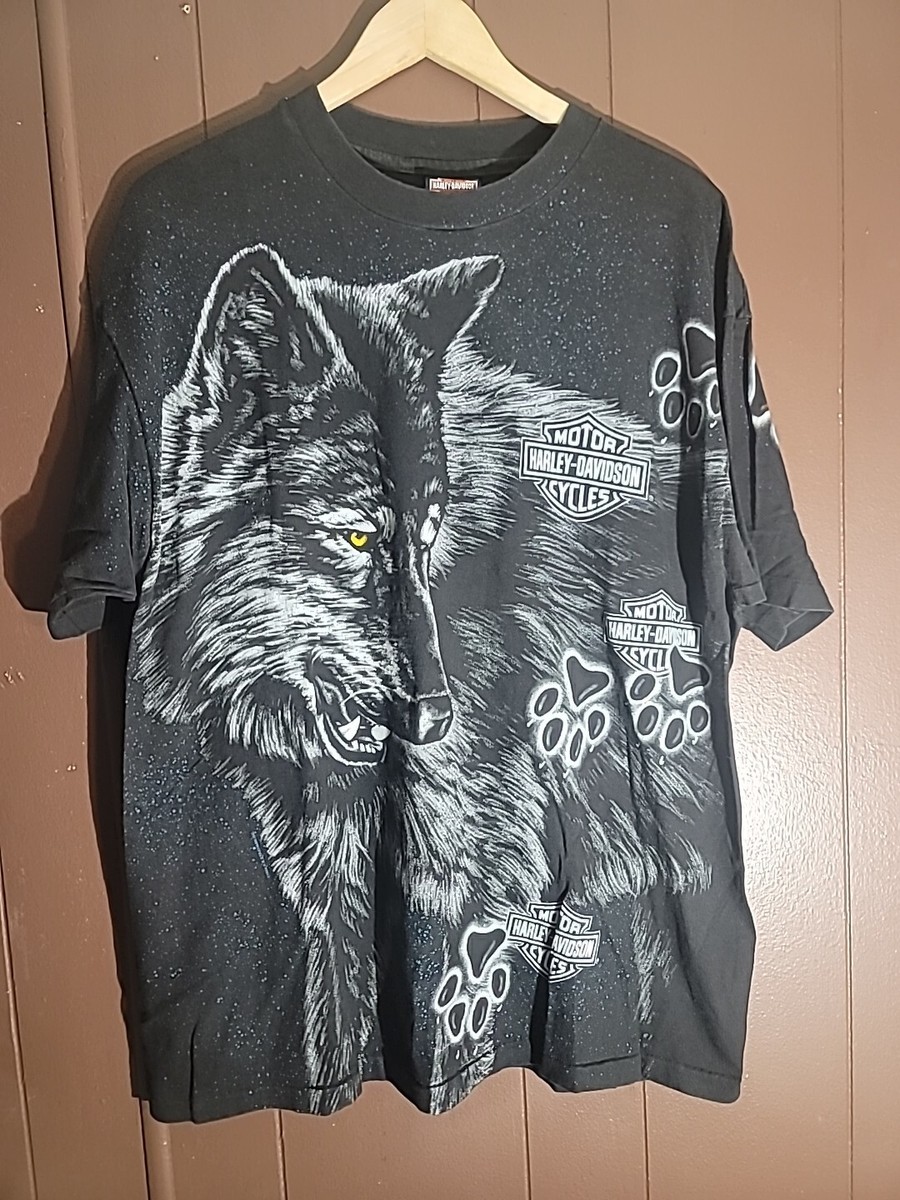 Vintage 90s Harley Davidson Wolf All Over Print Double Sided Shirt 