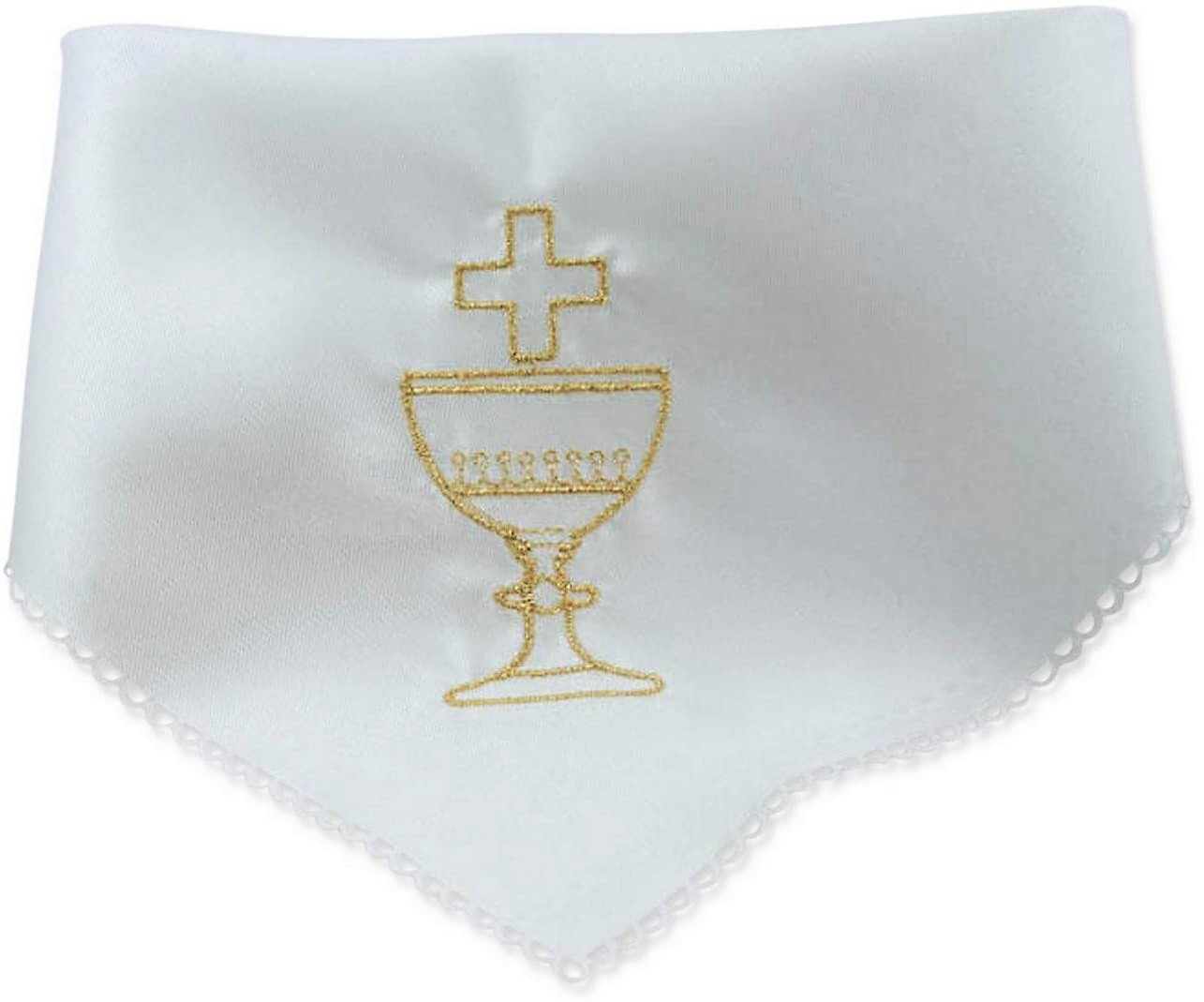 Kerzentuch Kommunion Kelch mit Hostie Satin Weiß mit Gold gestickt 22 x 22 cm
