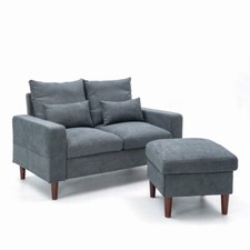 Image of 2 Seater Linen Fabric Love Seat Sofa Armchair with Footstool Couch