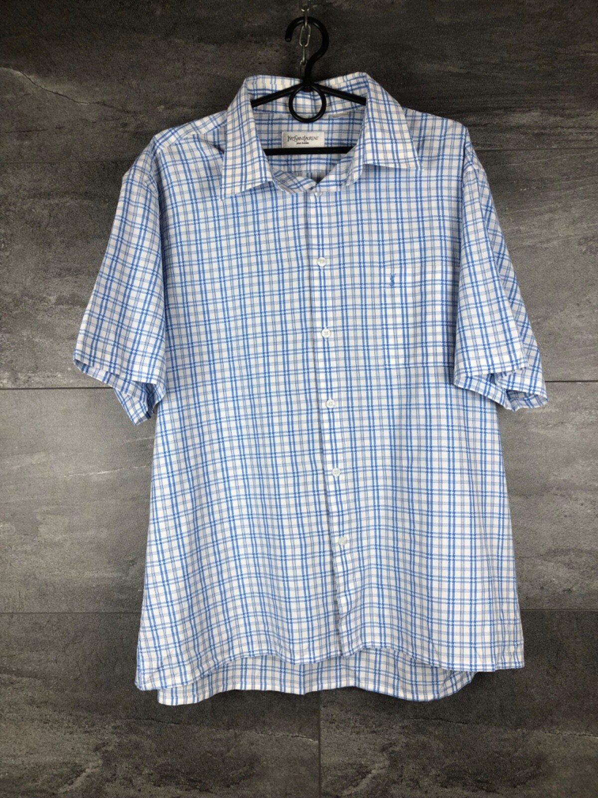 Camicia vintage anni '90 Yves Saint Laurent bianca e blu a scacchi taglia Large