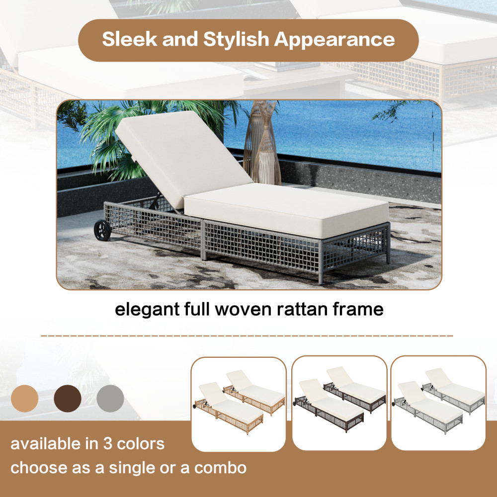 Rattan Outdoor Lounge Chair Set of 2 w 5-Position Backrest & Cushion, Grey+Beige