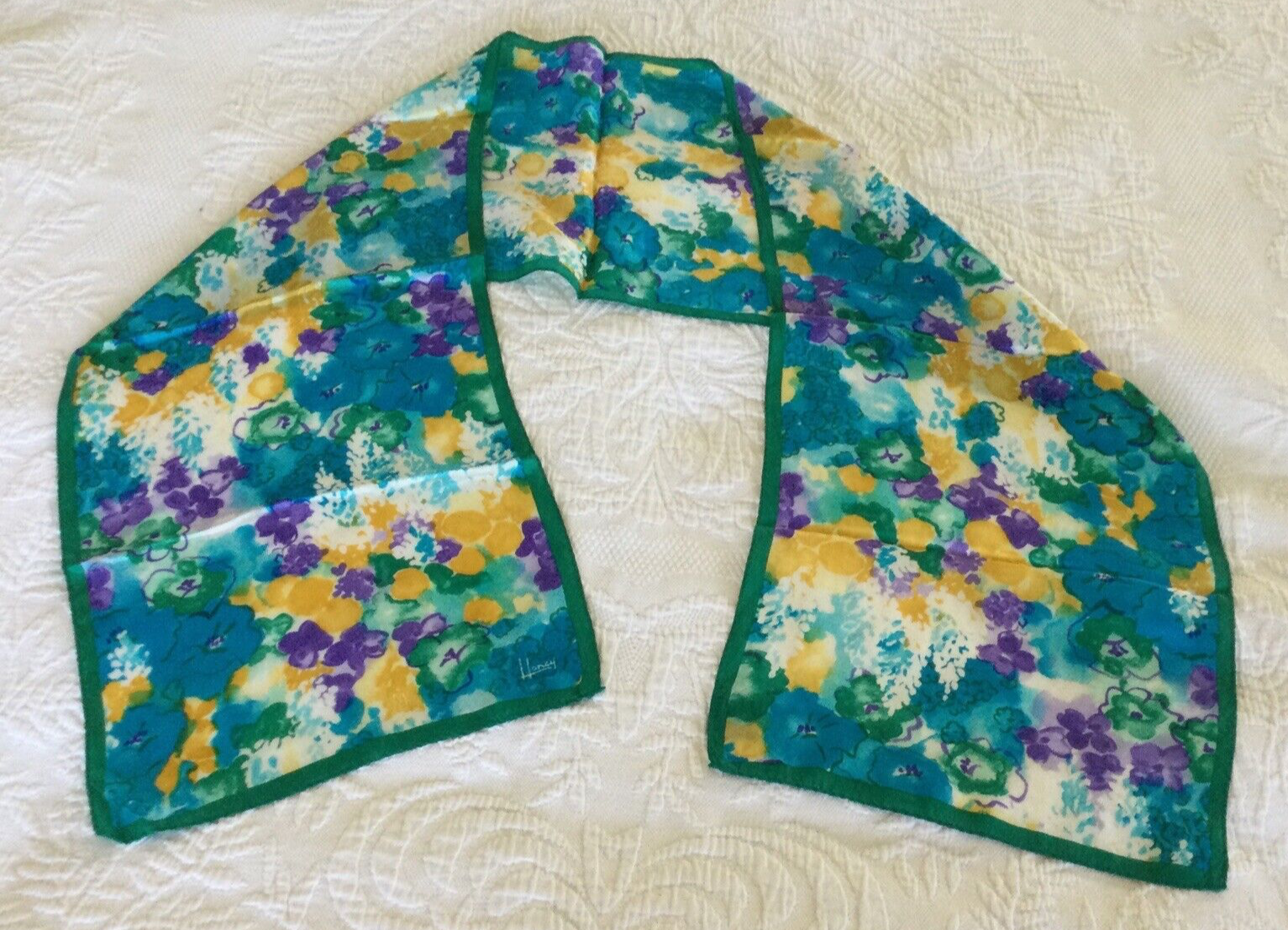 Honey Vintage PURPLE YELLOW GREEN FLORAL 100% Silk Scarf Japan 50