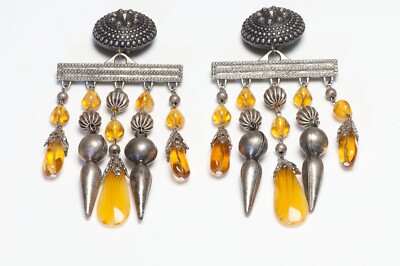 Vintage G Donna Italian Long Yellow Glass Tassel Drop Earrings