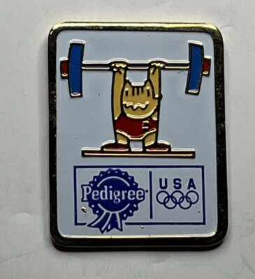Weightlifting Olympic Pin ~ 1992 Barcelona ~ Sponsor ~ Pedigree ~ Mascot Cobi