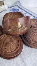 Carved wooden coasters set with holder inlaid brass leaves and vines VTG Boho