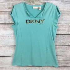DKNY Y2K T-Shirt Split Sleeve Split Neck Logo Aqua